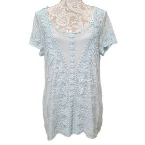 Sundance Boho Lace Embroidery Sheer Blouse With Cami Light Sky Blue Women's L